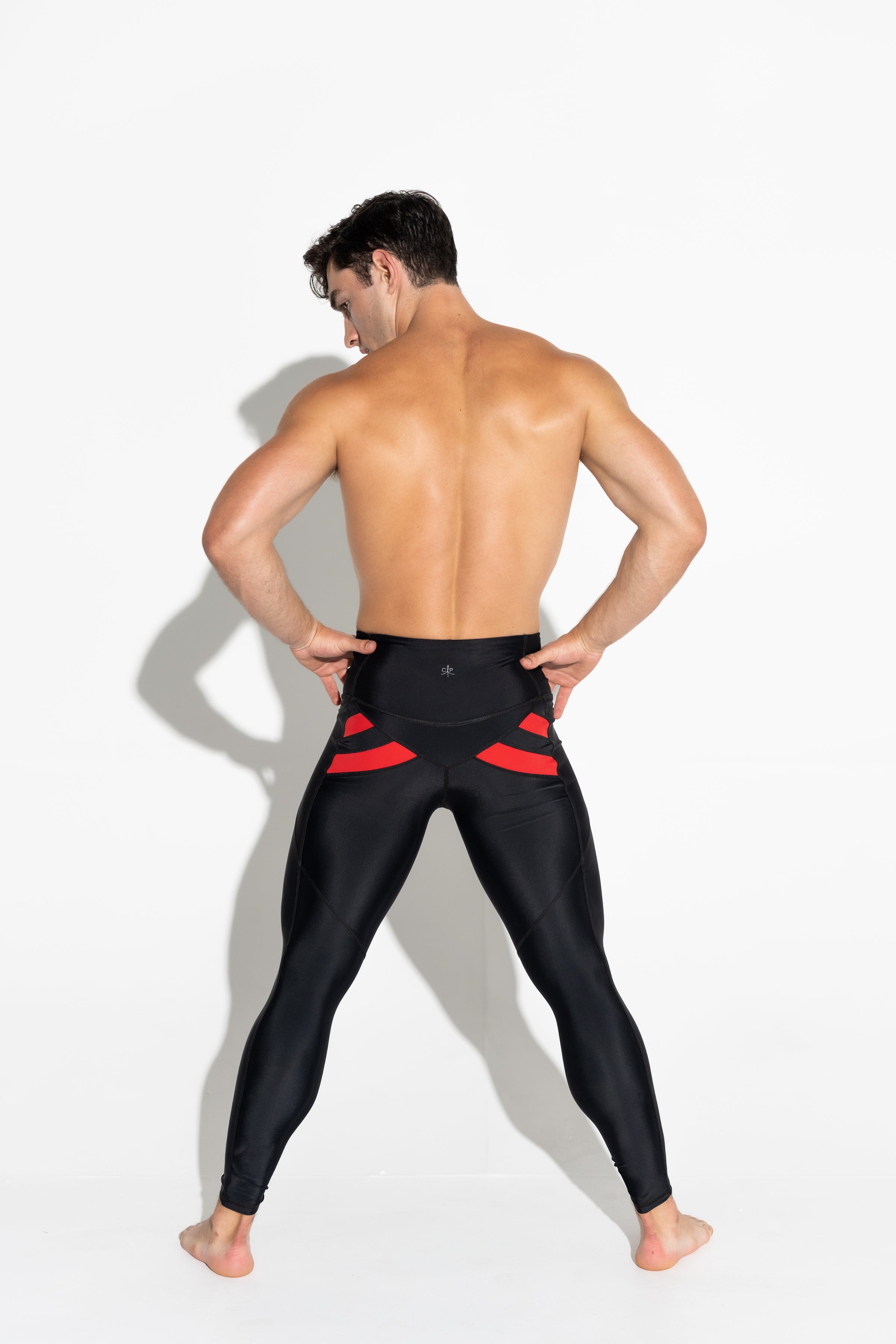 No Peek Leggings from Cheek Peek.  Male, back view. Black with red.